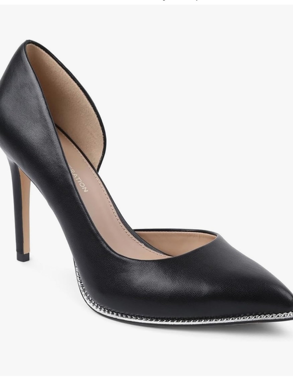 BCBGeneration Harnoy Black Pointed Toe Half D'Orsay Pumps Heel Chain Trim 8.5